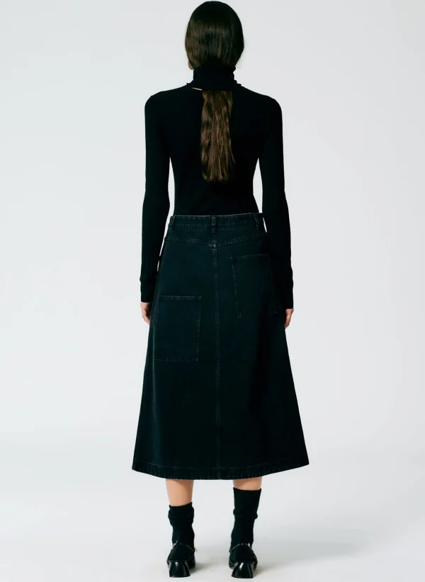 Tibi Denim Midi A-Line Skirt Black Flash Sale