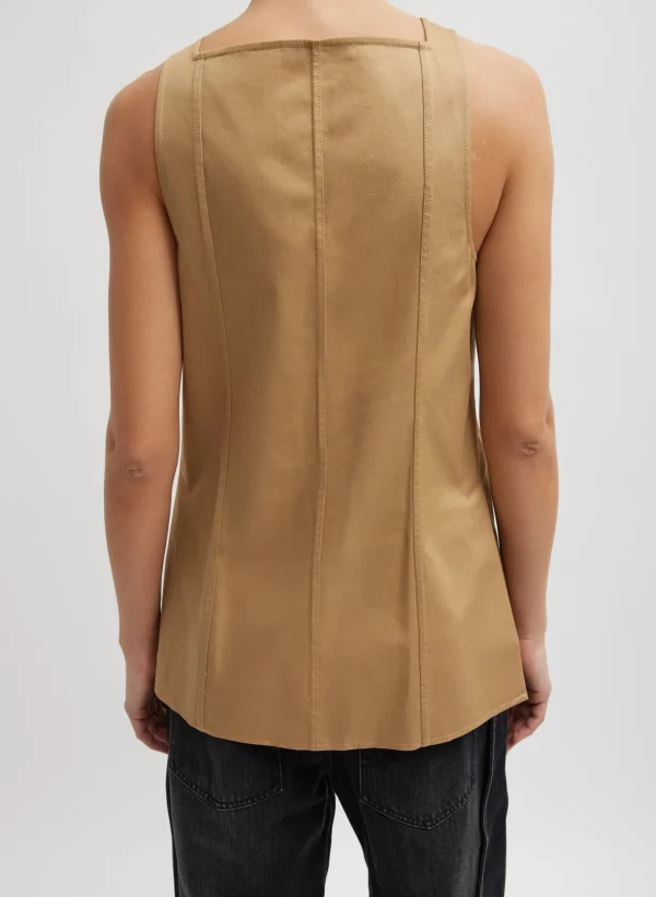 Tibi Chino Slit Front Sleeveless Tunic Tan New