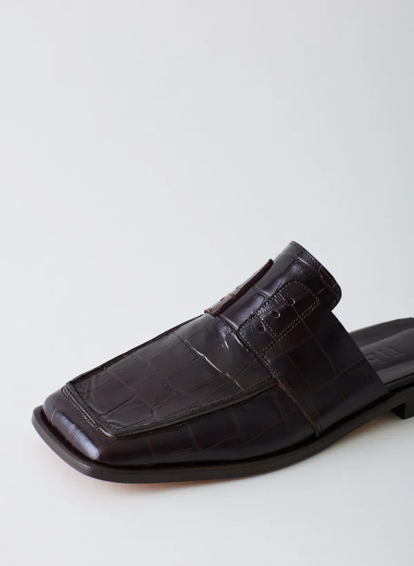 Tibi Croc Print Pedro Slide Square Toe Loafer Dark Brown Best