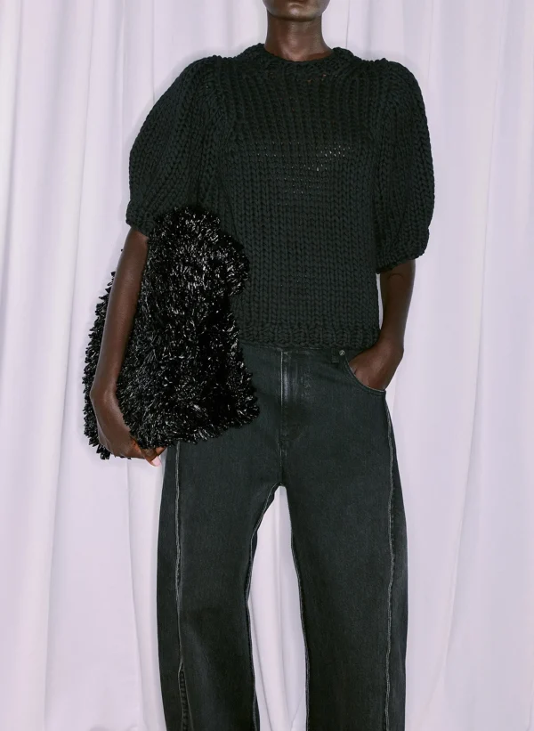 Tibi Deluxe Tube Yarn Sweater Mini Puff Pullover Black Sale