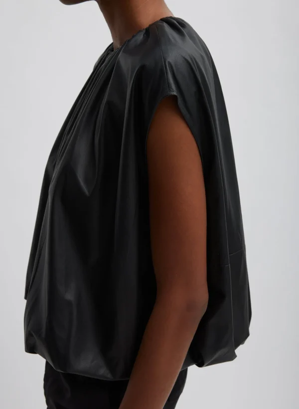 Tibi Feather Weight Leather Shirred Neck Circular Top Black Hot