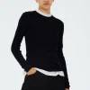 Tibi Feather Weight Ribbed Crewneck Pullover Sweater Navy Shop