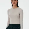 Tibi Feather Weight Ribbed Crewneck Pullover Sweater Stone Cheap
