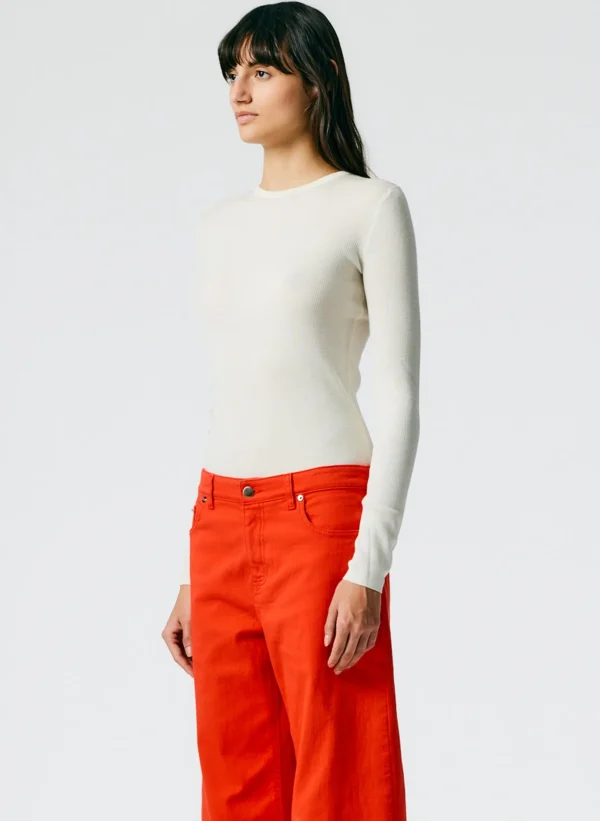 Tibi Feather Weight Ribbed Crewneck Pullover Sweater Off White Sale