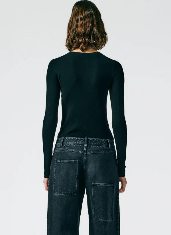 Tibi Feather Weight Ribbed Crewneck Pullover Sweater Black Best Sale