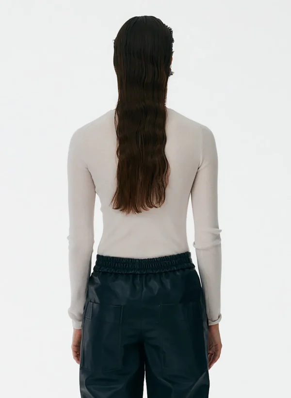 Tibi Feather Weight Ribbed Crewneck Pullover Sweater Stone Cheap