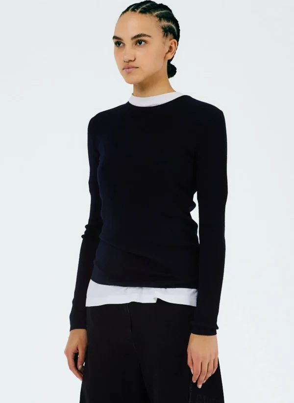 Tibi Feather Weight Ribbed Crewneck Pullover Sweater Navy Shop