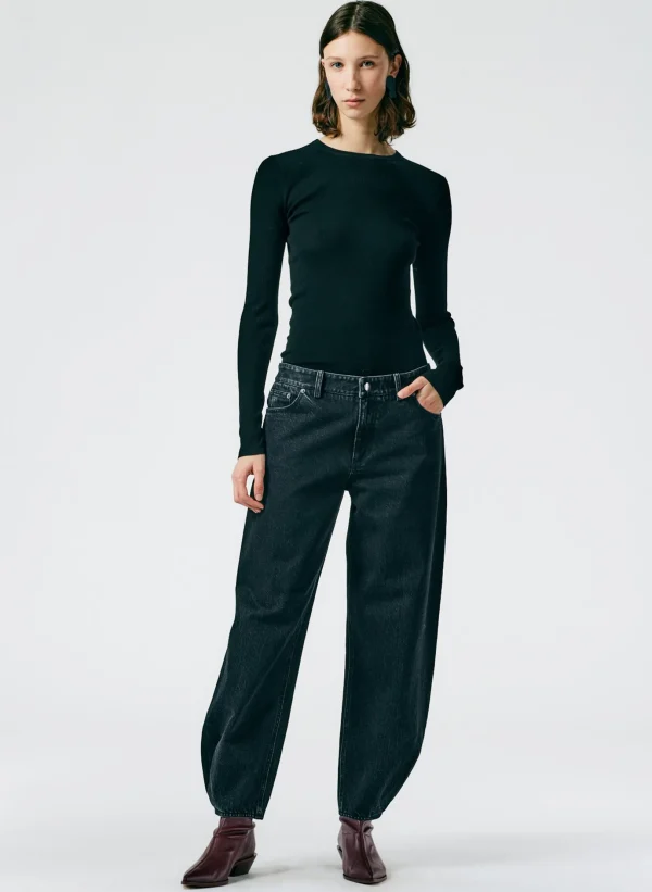 Tibi Feather Weight Ribbed Crewneck Pullover Sweater Black Best Sale