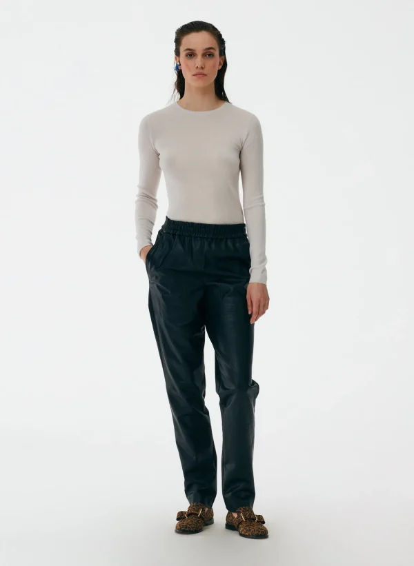 Tibi Feather Weight Ribbed Crewneck Pullover Sweater Stone Cheap