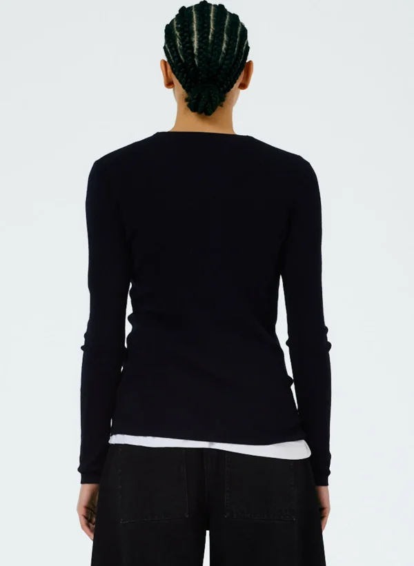 Tibi Feather Weight Ribbed Crewneck Pullover Sweater Navy Shop