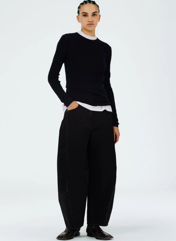 Tibi Feather Weight Ribbed Crewneck Pullover Sweater Navy Shop