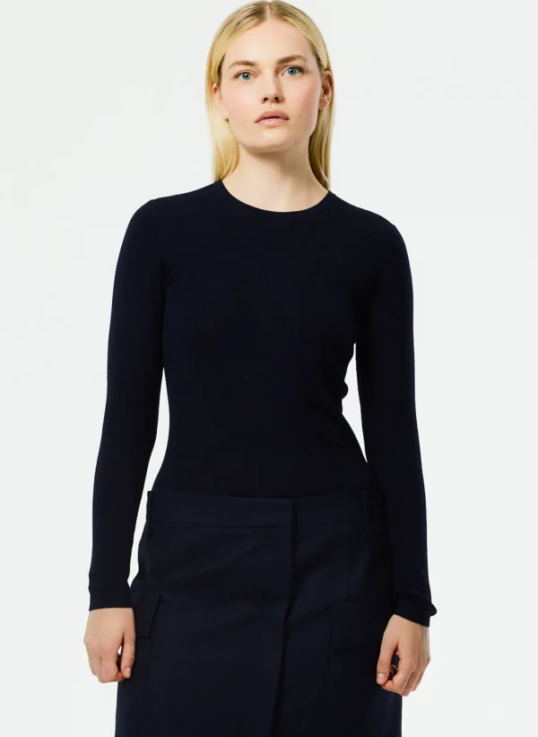 Tibi Feather Weight Ribbed Crewneck Pullover Sweater Navy Shop