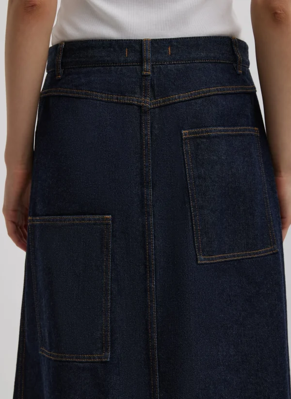 Tibi Indigo Denim Midi A-Line Skirt Dark Denim Best