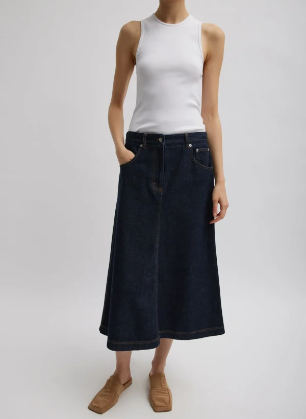 Tibi Indigo Denim Midi A-Line Skirt Dark Denim Best