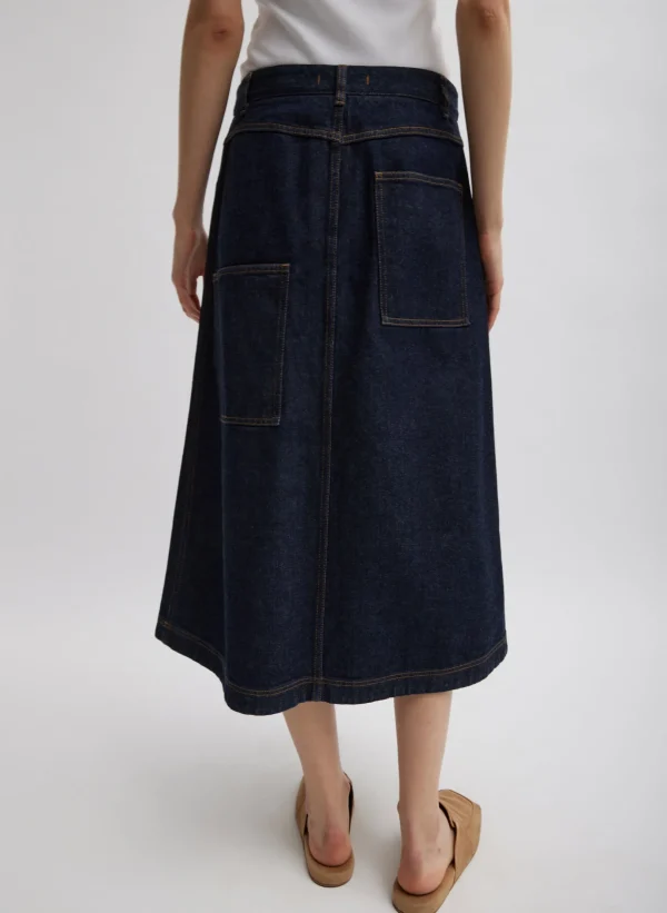 Tibi Indigo Denim Midi A-Line Skirt Dark Denim Best