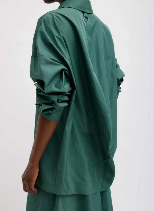 Tibi Italian Sporty Nylon Shirt With Cocoon Back Dark Hunter Green Cheap