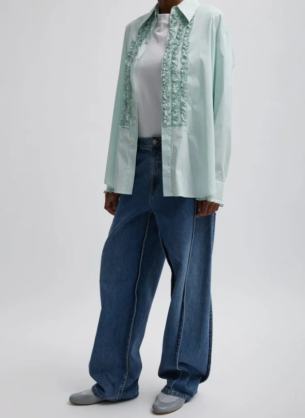 Tibi Light Weight Cotton Nylon Easy Tuxedo Shirt Mint Discount