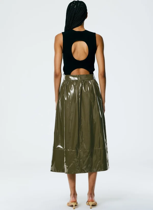 Tibi Light Weight Stretch Patent Smocking Waistband Full Skirt Wood Cheap