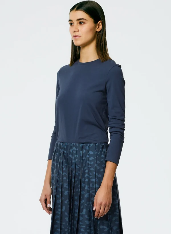 Tibi Long Sleeve Fitted T-Shirt Navy Fog Outlet