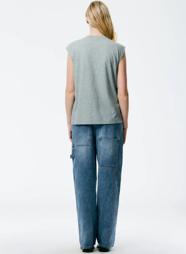 Tibi Mock Neck Sleeveless T-Shirt Heather Grey New