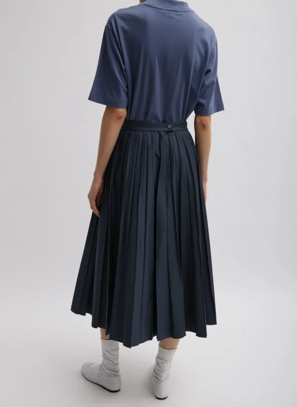 Tibi Oliver Cotton Stretch Tricotine Pintucked Skirt Slate Blue Best