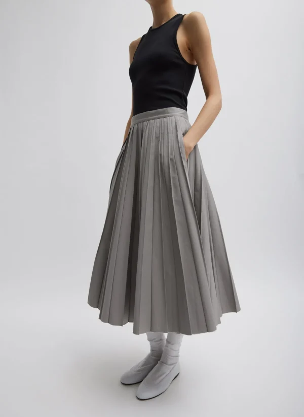 Tibi Oliver Cotton Stretch Tricotine Pintucked Skirt Grey Moon Clearance
