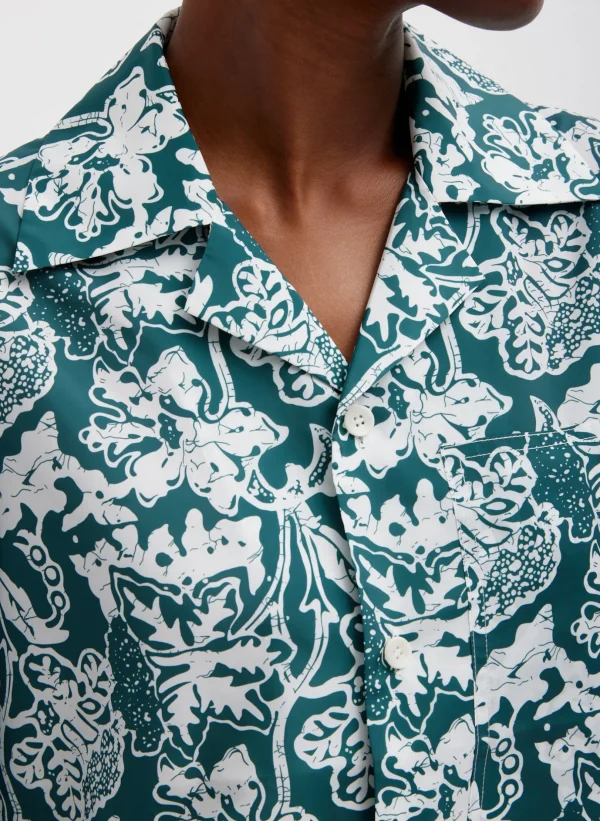 Tibi Recycled Nylon Batik Camp Shirt Hunter Green Multi Sale