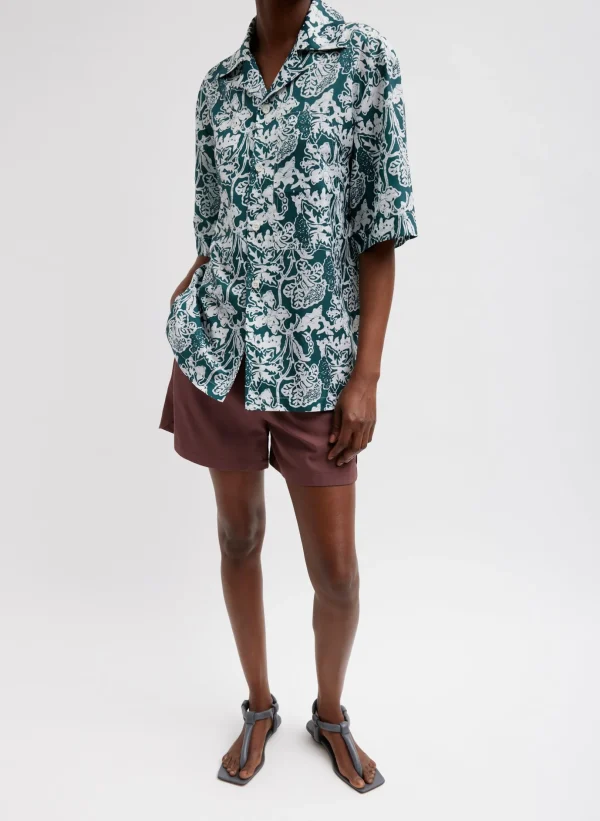 Tibi Recycled Nylon Batik Camp Shirt Hunter Green Multi Sale