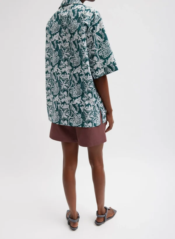 Tibi Recycled Nylon Batik Camp Shirt Hunter Green Multi Sale