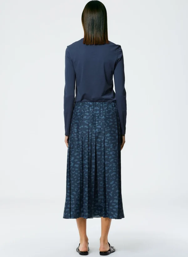 Tibi Recycled Sporty Nylon Cheetah Pleated Pull On Skirt Navy Fog Multi Discount