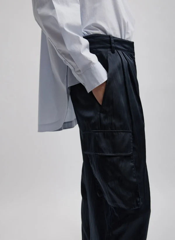 Tibi Shiny Nylon Pleated Stella Cargo Pant Navy Cheap
