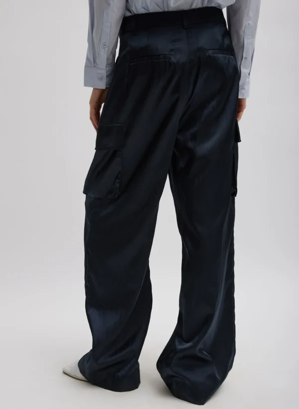 Tibi Shiny Nylon Pleated Stella Cargo Pant Navy Cheap
