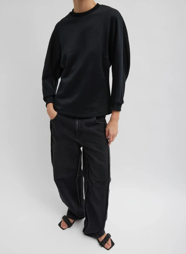 Tibi Silk Terry Sculpted Sleeve Slim Sweatshirt Black Clearance