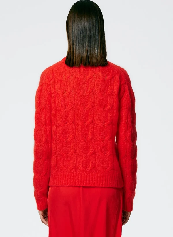 Tibi Soft Mohair Cable Crewneck Easy Pullover Red Hot