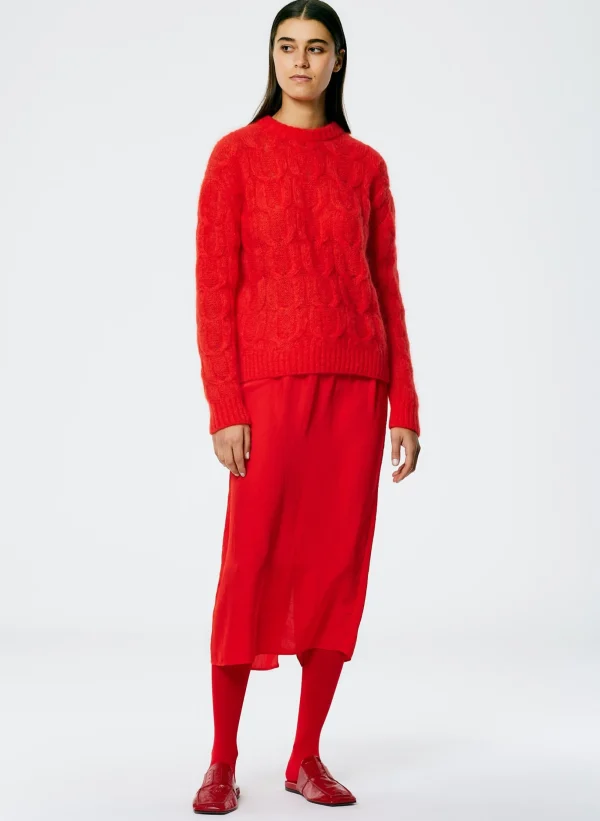 Tibi Soft Mohair Cable Crewneck Easy Pullover Red Hot