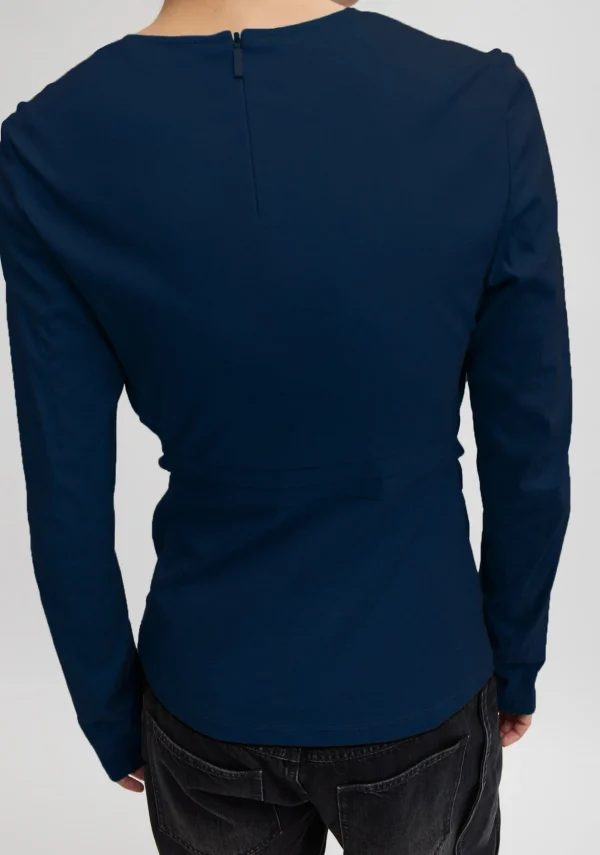 Tibi Stretch Cotton Nylon Square Neck Slim Circular Sleeve Top Navy Blue Fashion