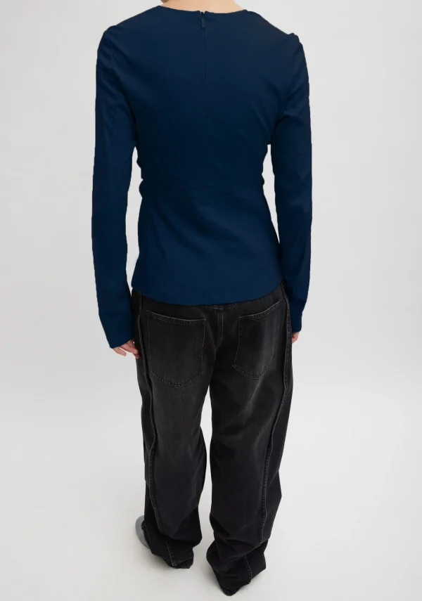 Tibi Stretch Cotton Nylon Square Neck Slim Circular Sleeve Top Navy Blue Fashion