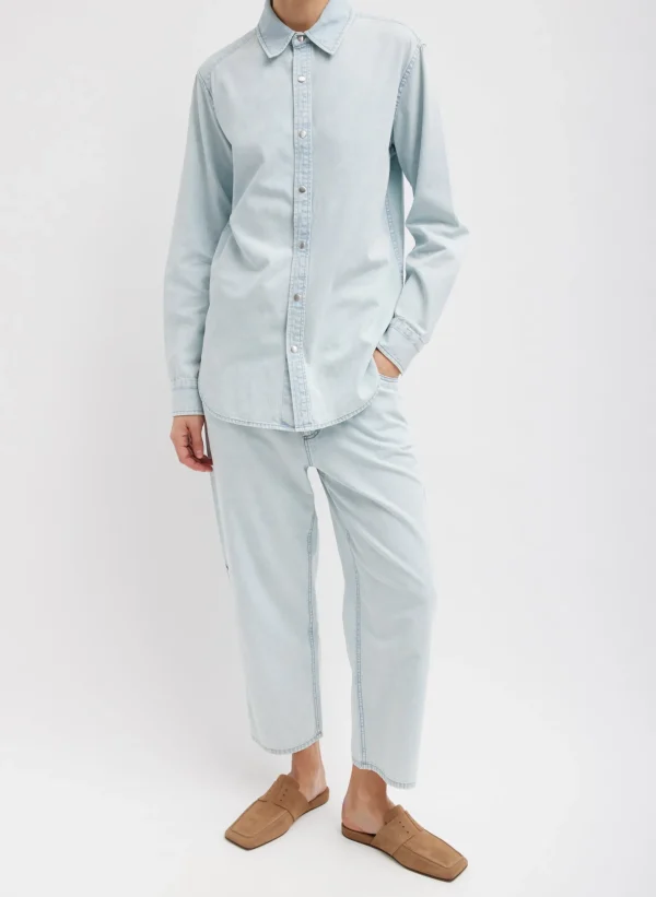 Tibi Summer Denim Charlie Slim Men's Shirt Bleached Denim Hot