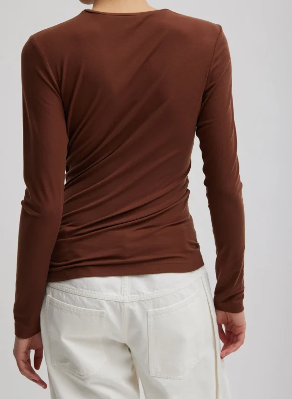 Tibi Tencel Knit Twisted Seam Long Sleeve T-Shirt Brown Shop